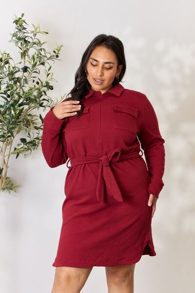Culture Code Full Size Tie Front Half Zip Long Sleeve Shirt Dress *
