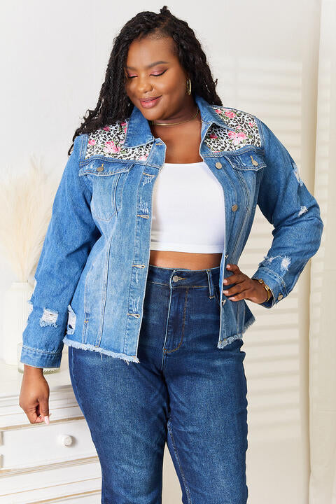 Baeful Leopard Floral Distressed Raw Hem Denim Jacket *