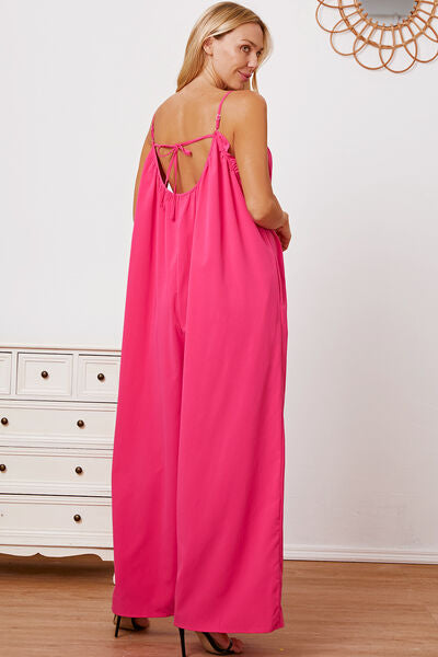 Double Take Full Size Ruffle Trim Tie Back Cami Jumpsuit with Pockets *