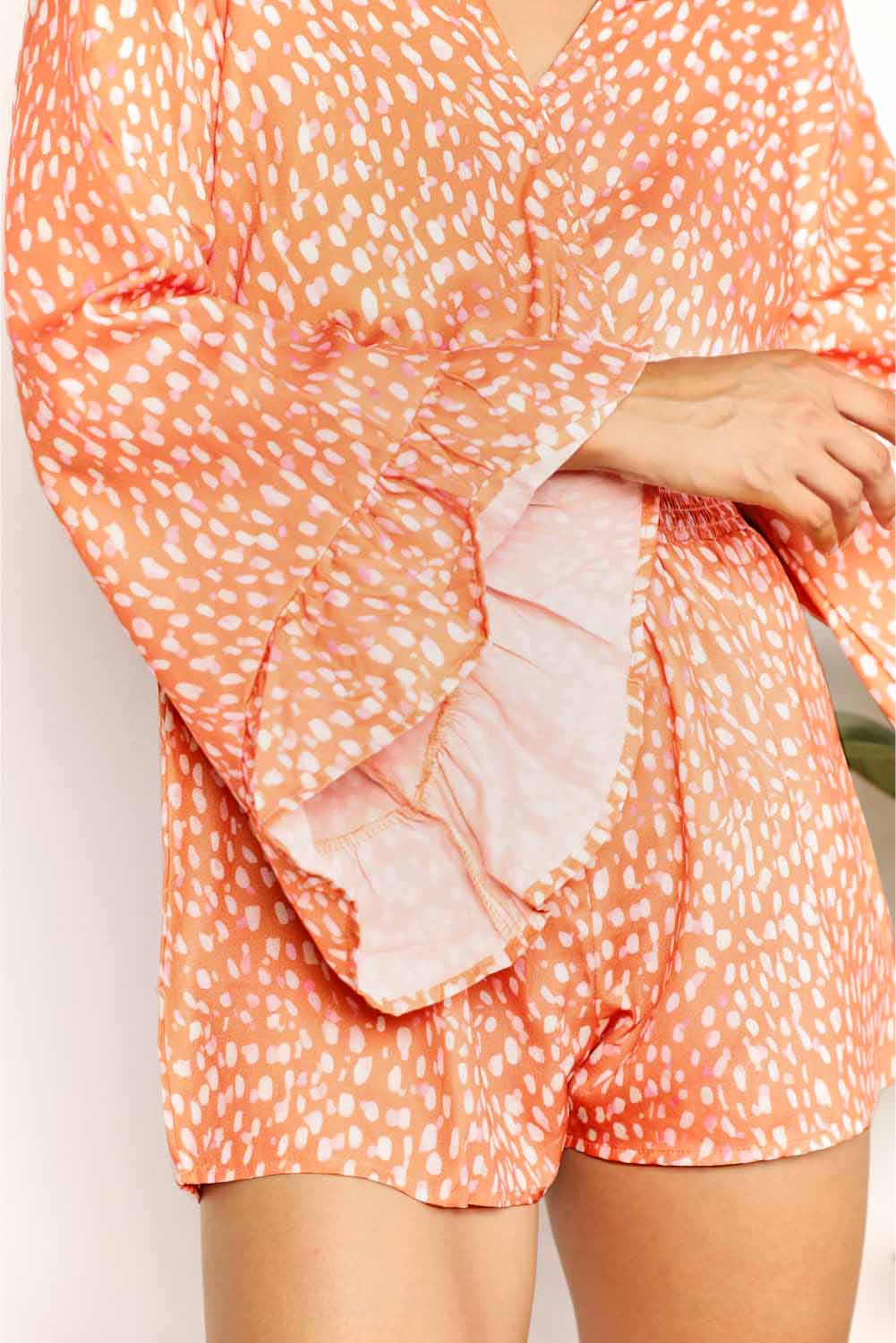 Double Take Printed Flare Sleeve Surplice Romper *