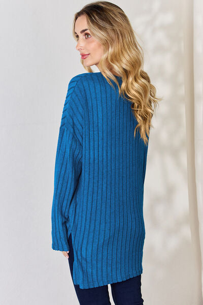 Basic Bae Full Size Ribbed Half Button Long Sleeve High-Low T-Shirt *