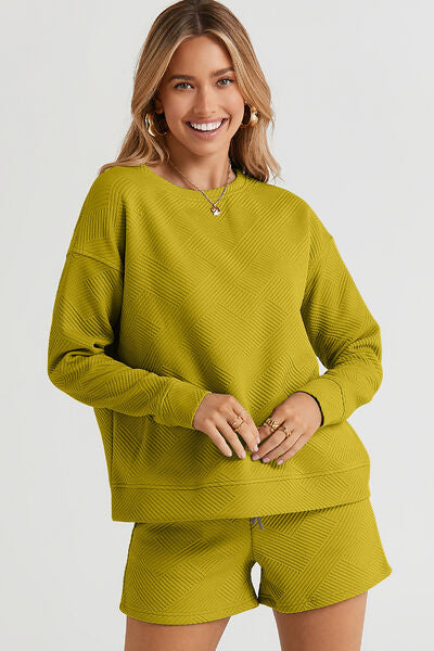 Double Take Full Size Texture Long Sleeve Top and Drawstring Shorts Set *