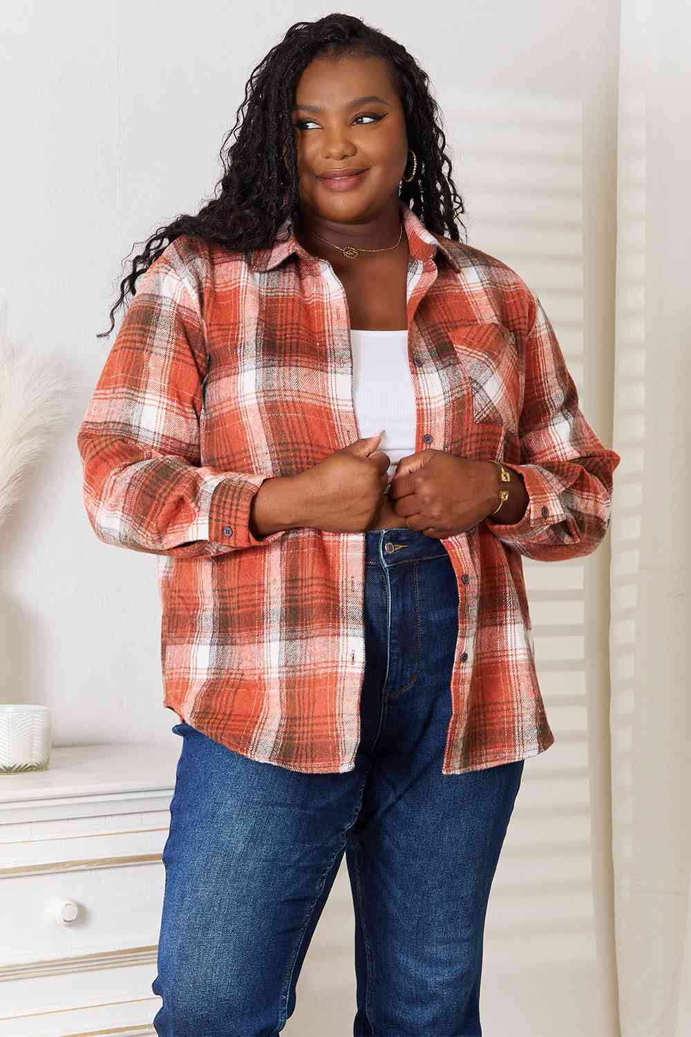 Double Take Plaid Collared Neck Long Sleeve Shirt *