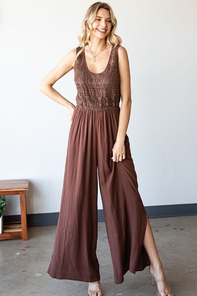 First Love Tie Back Sleeveless Slit Wide Leg Jumpsuit *