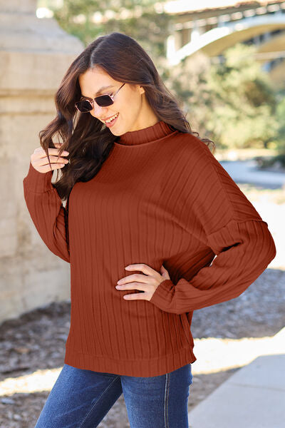 Basic Bae Full Size Ribbed Exposed Seam Mock Neck Knit Top *