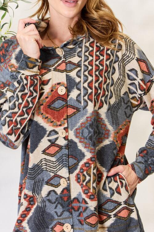 Heimish Full Size Printed Button Up Hooded Jacket *