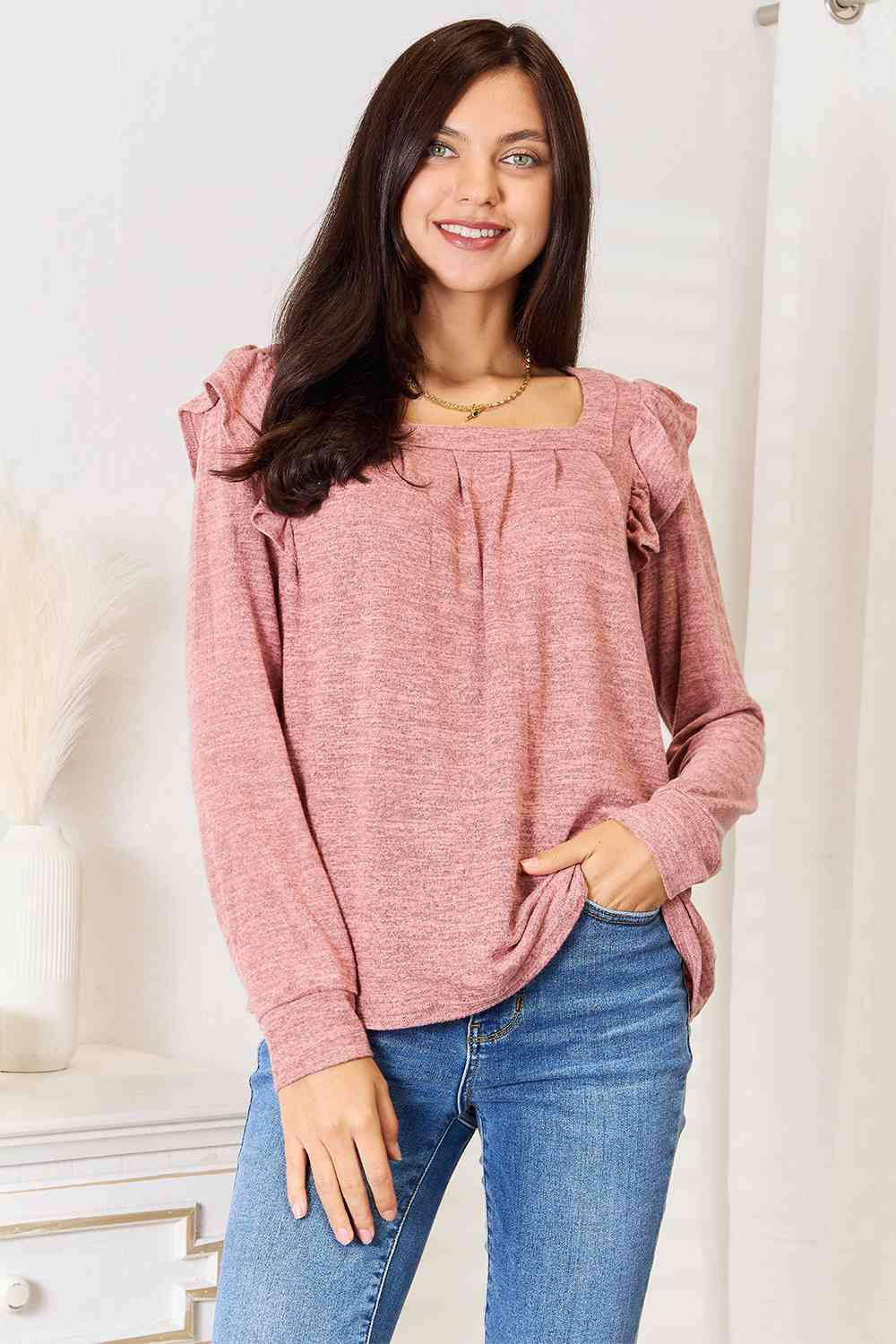 Double Take Square Neck Ruffle Shoulder Long Sleeve T-Shirt *
