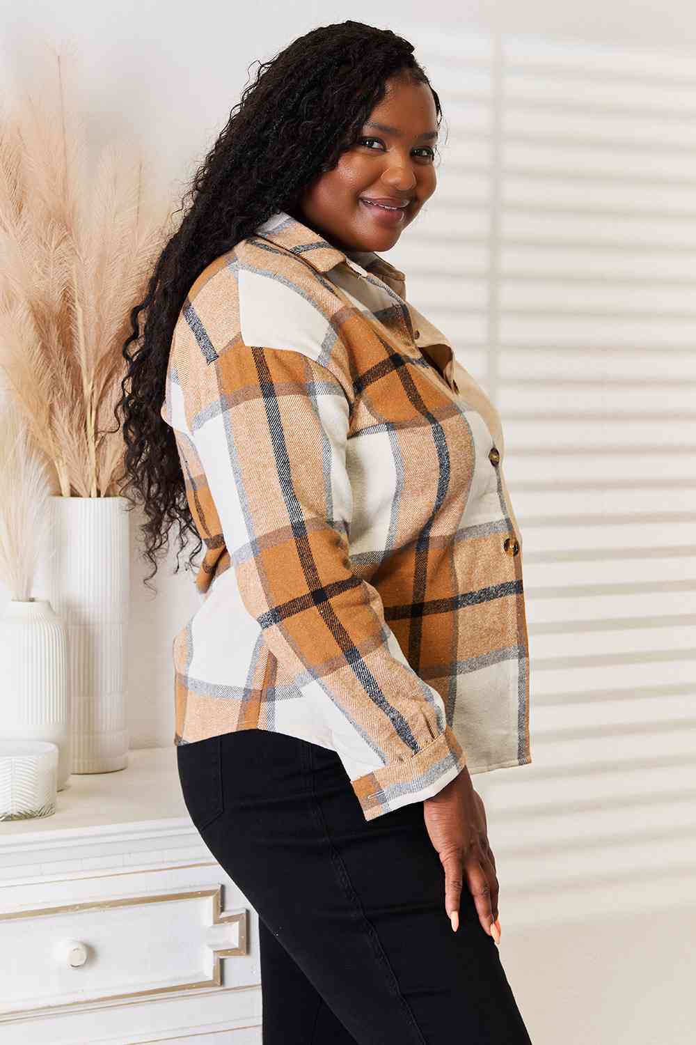 Double Take Plaid Print Dropped Shoulder Shirt *