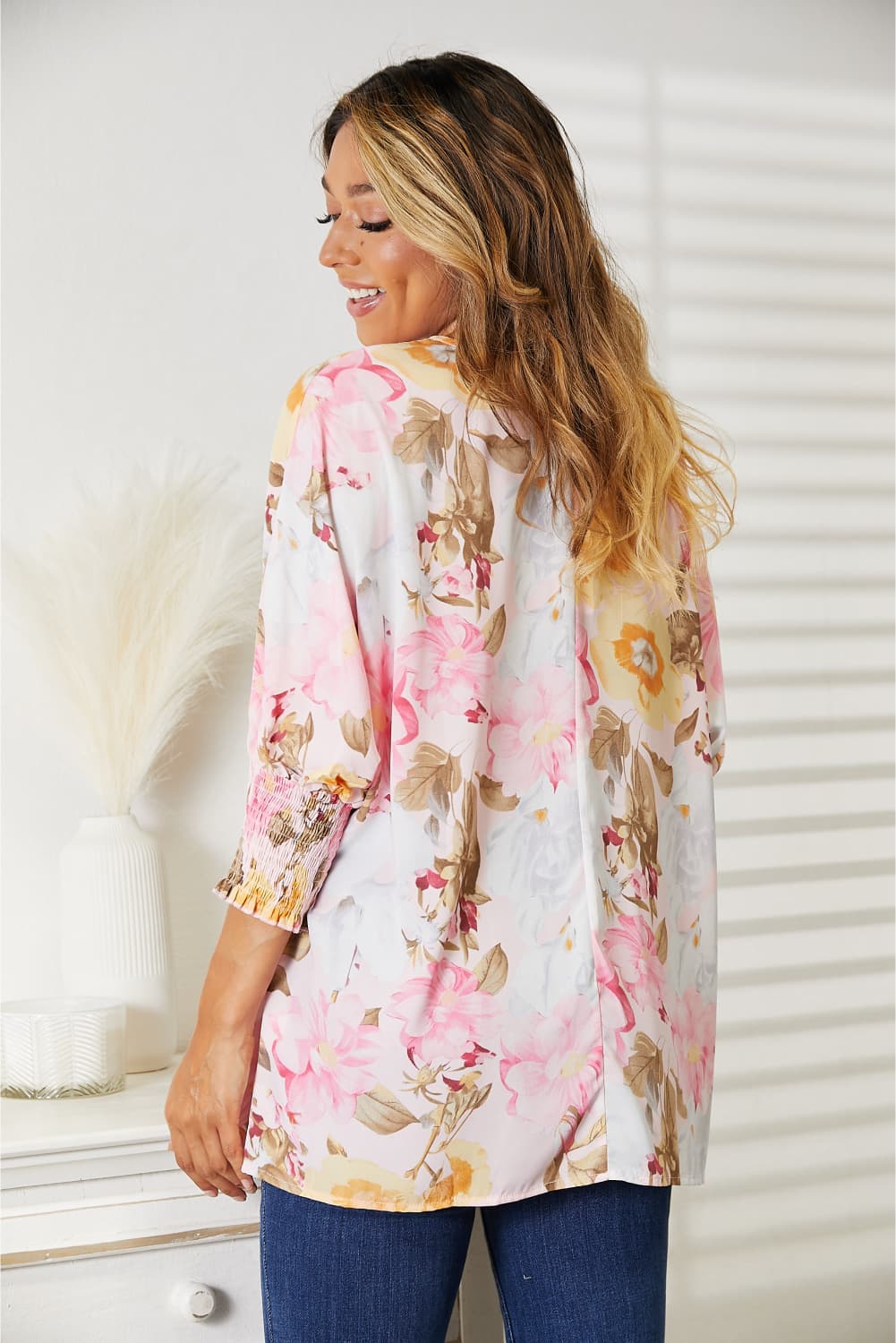 Double Take Blush Pink Floral Round Neck Three-Quarter Sleeve Top *