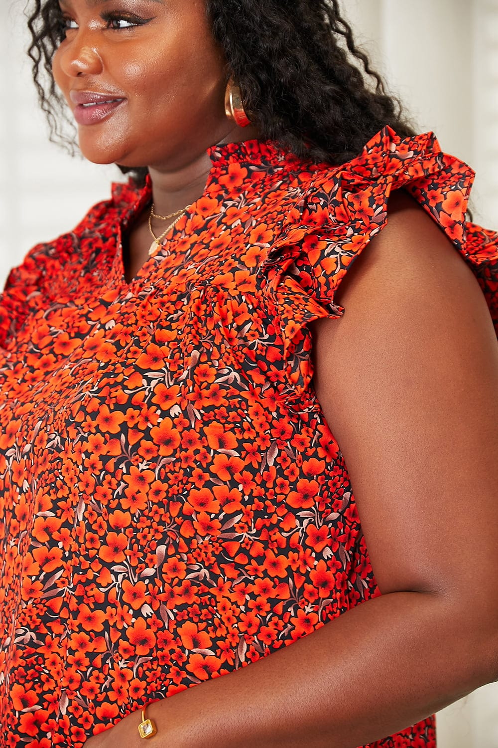 Double Take Red Orange Floral Flutter Sleeve Notched Neck Blouse *