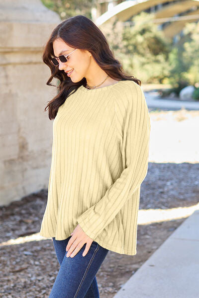 Basic Bae Full Size Ribbed Round Neck Long Sleeve Knit Top *