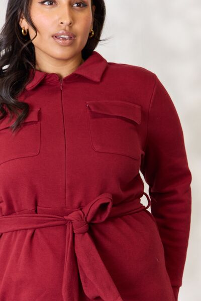 Culture Code Full Size Tie Front Half Zip Long Sleeve Shirt Dress *