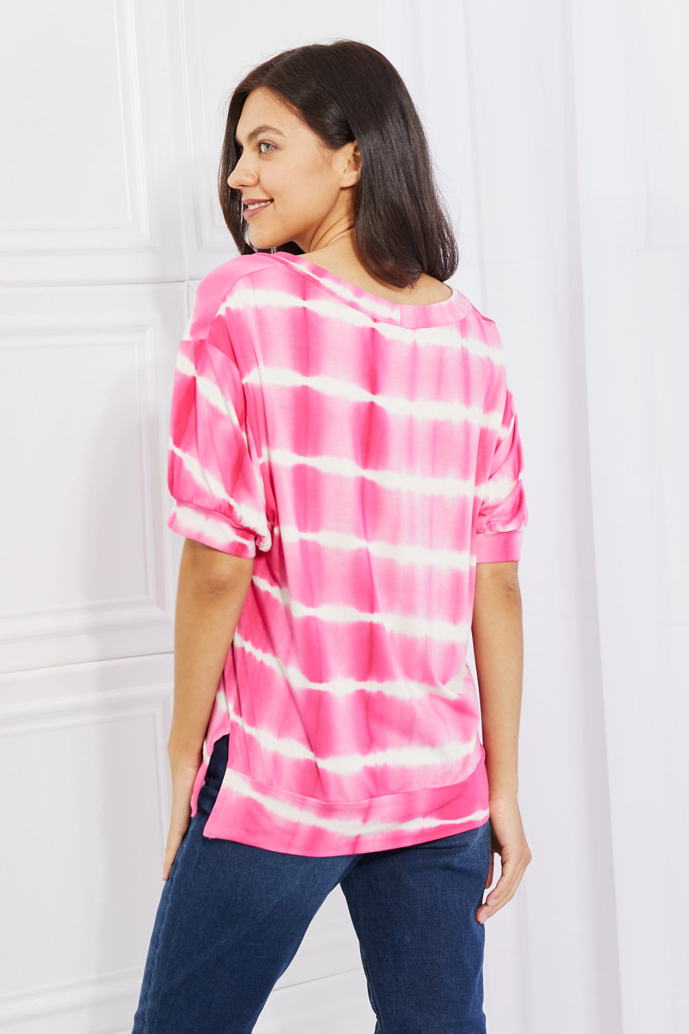 Yelete Full Size Oversized Fit V-Neck Striped Top *