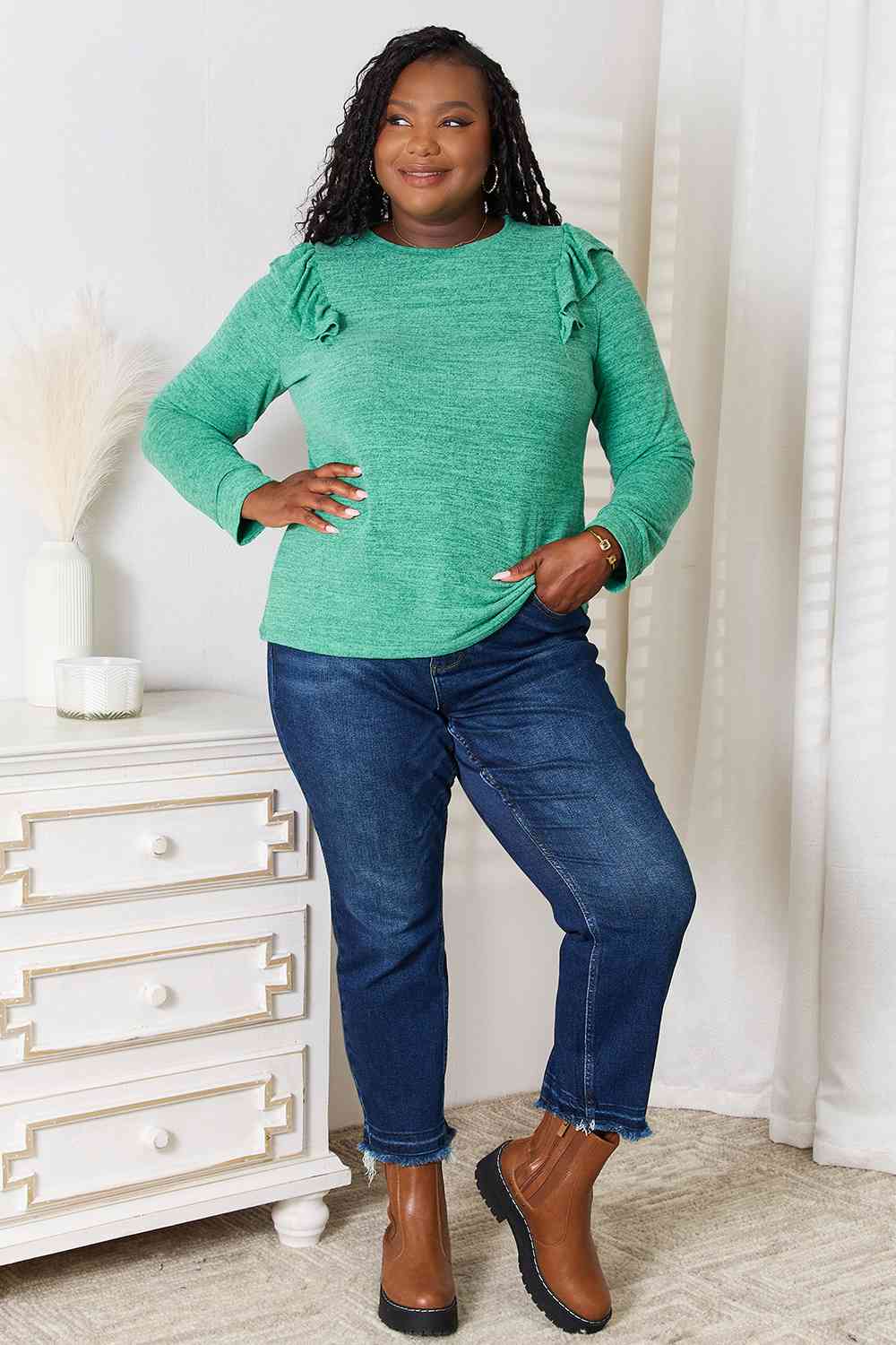 Double Take Ruffle Shoulder Long Sleeve T-Shirt *