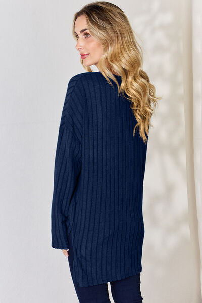 Basic Bae Full Size Ribbed Half Button Long Sleeve High-Low T-Shirt *
