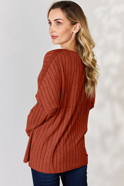 Basic Bae Full Size Ribbed Half Button Long Sleeve T-Shirt *