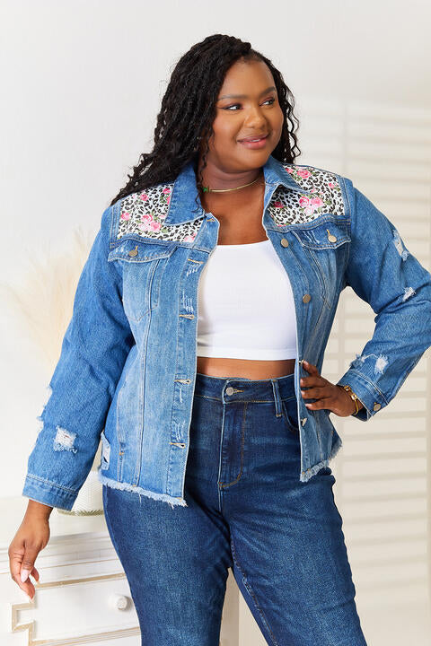 Baeful Leopard Floral Distressed Raw Hem Denim Jacket *