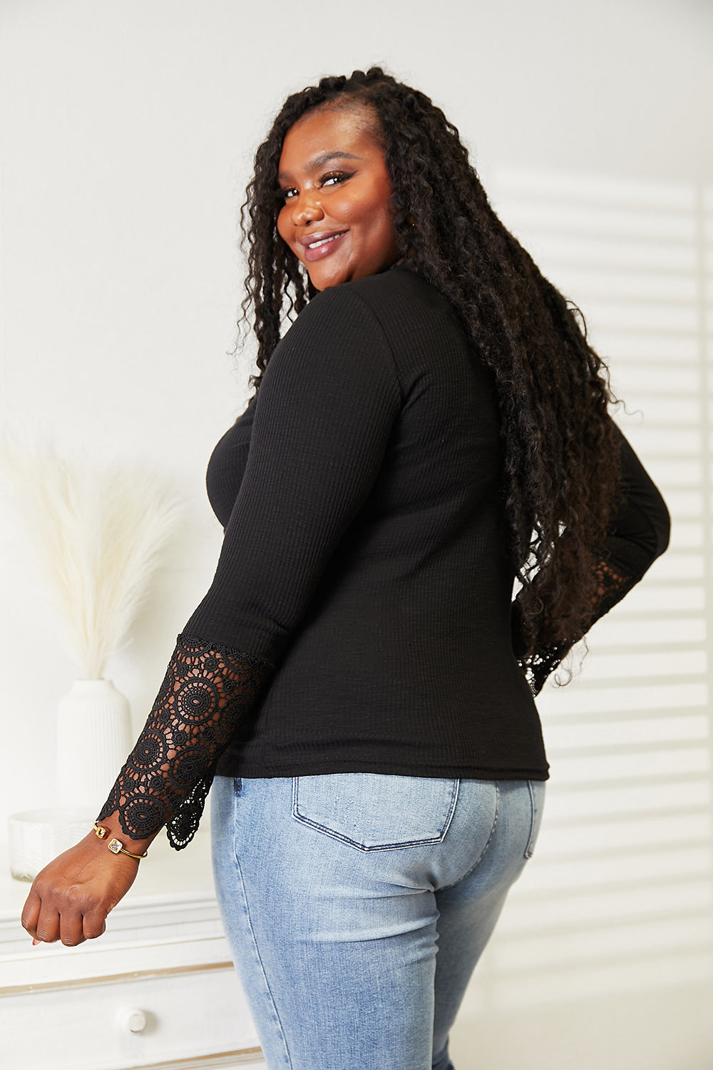 Double Take Black Full Size Crochet Lace Hem Sleeve Button Top *