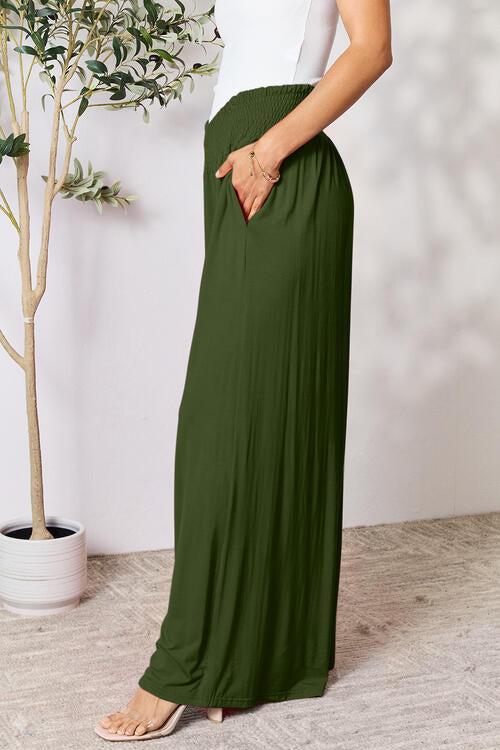 Double Take Full Size Smocked Wide Waistband Wide Leg Pants *