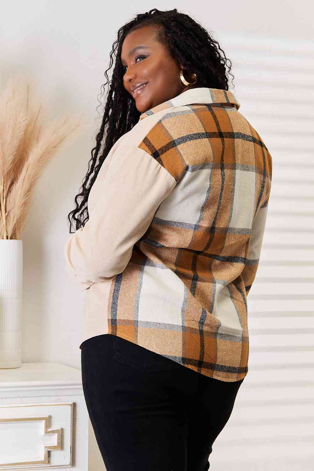 Double Take Plaid Print Dropped Shoulder Shirt *