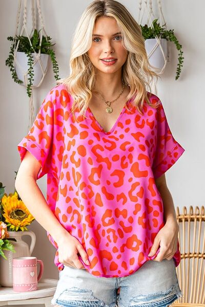 First Love Leopard V-Neck Short Sleeve Woven Top *