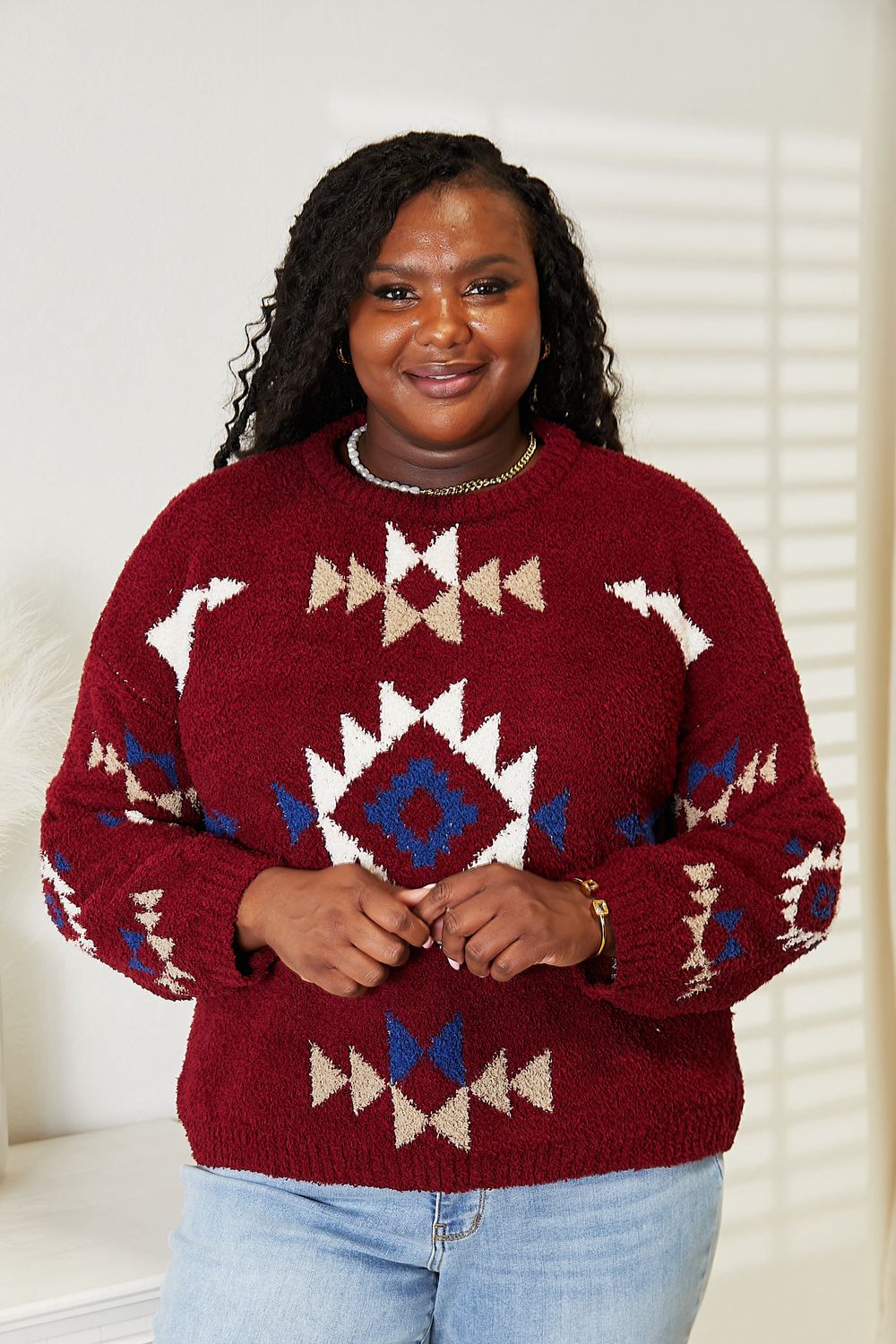 HEYSON Wine Full Size Aztec Soft Fuzzy Sweater *