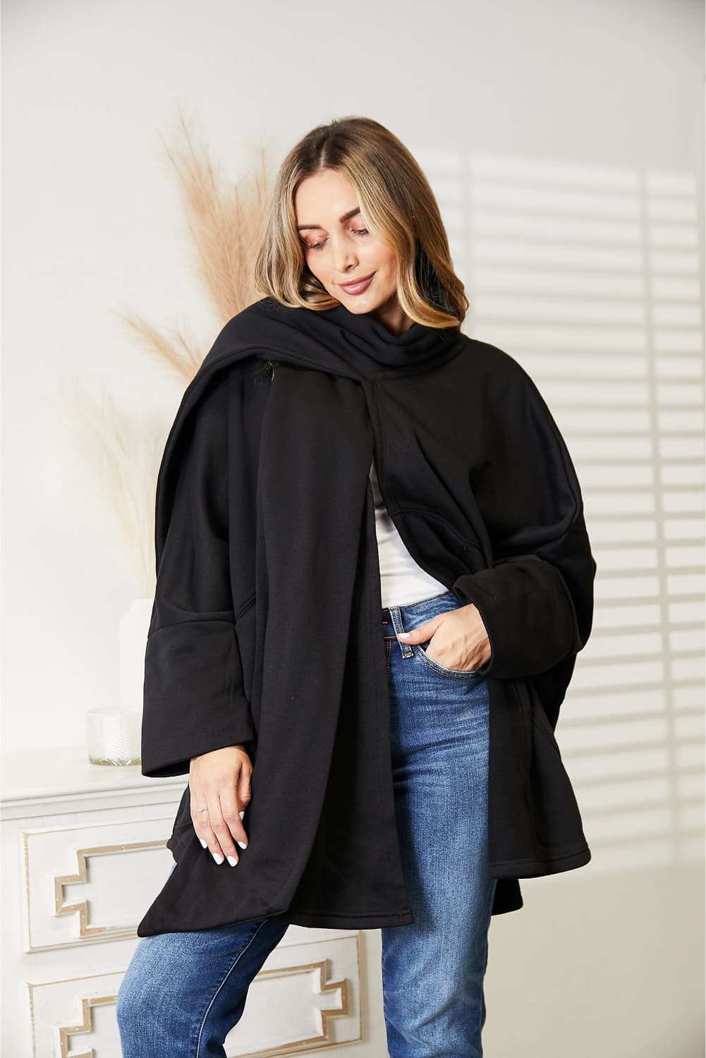 HEYSON Full Size Open Front Black Cardigan with Scarf Design *