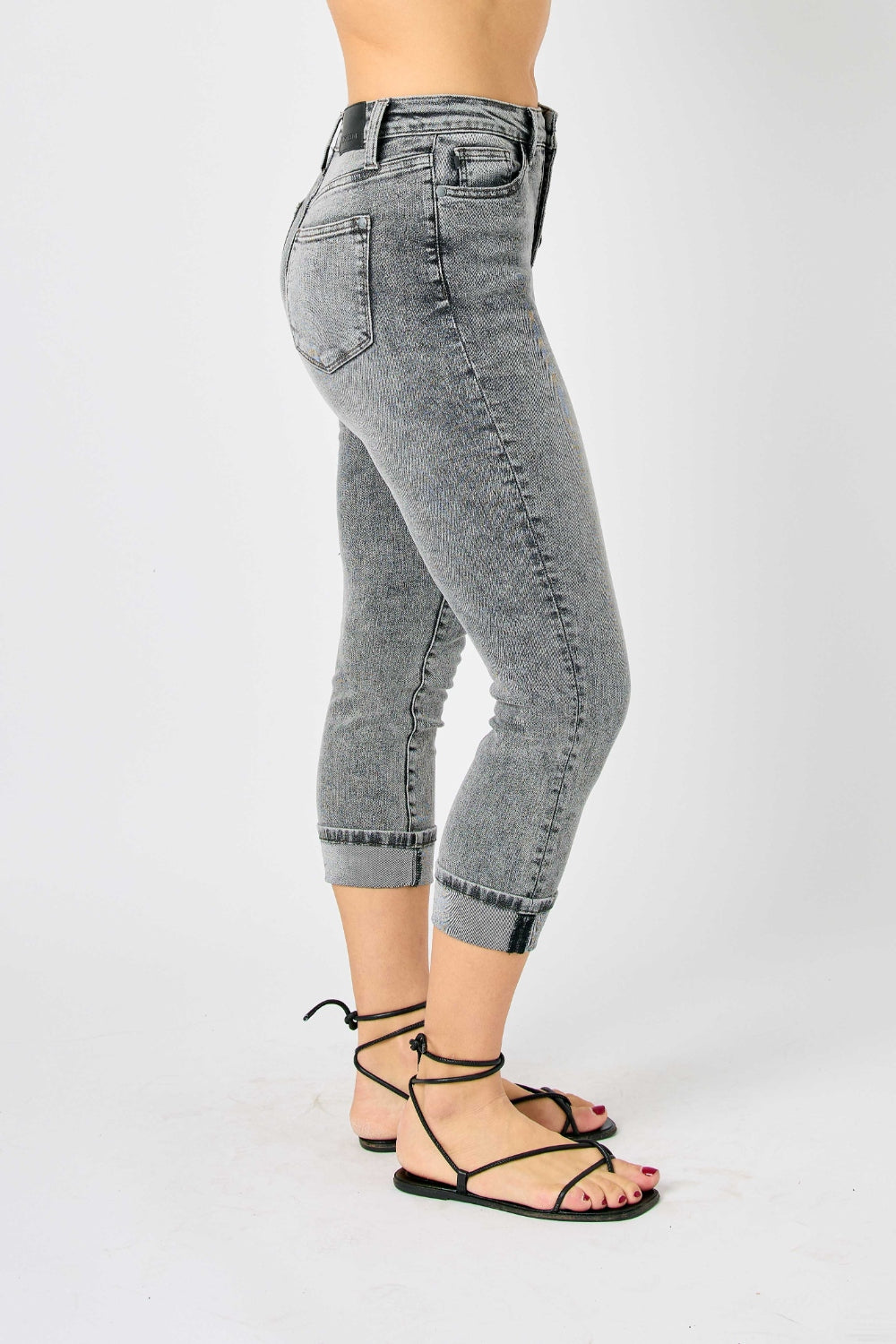 Judy Blue Full Size Button Fly High Waist Cuffed Capris Jeans *