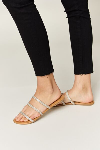 WILD DIVA Rhinestone Three-Strap Flat Sandals *