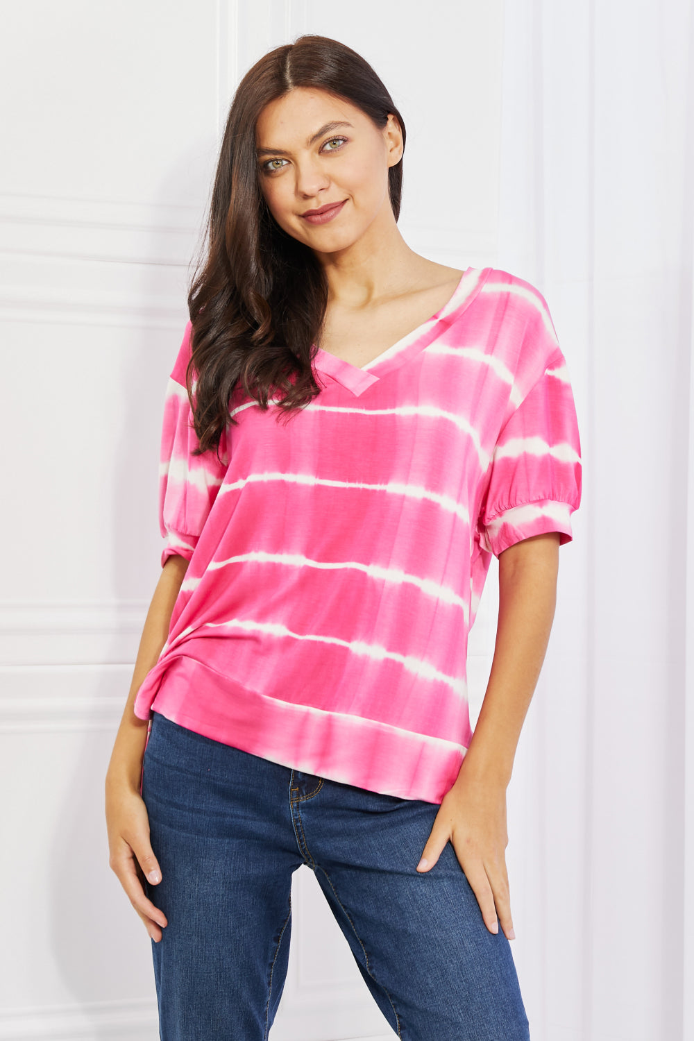 Yelete Full Size Oversized Fit V-Neck Striped Top *