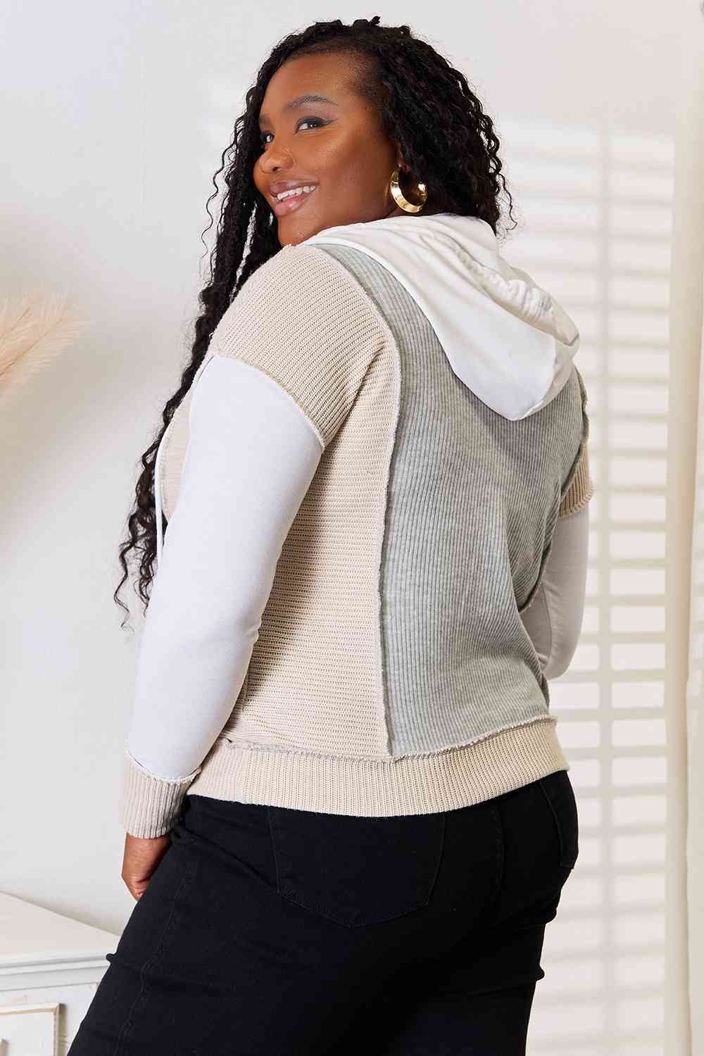 Double Take Color Block Exposed Seam Drawstring Hoodie *