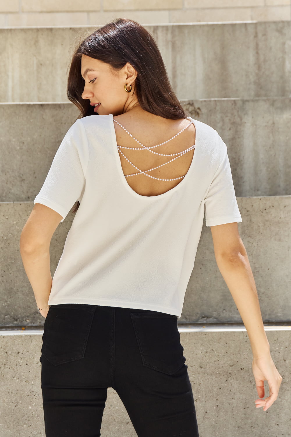And The Why Pearly White Full Size Criss Cross Pearl Detail Open Back T-Shirt *