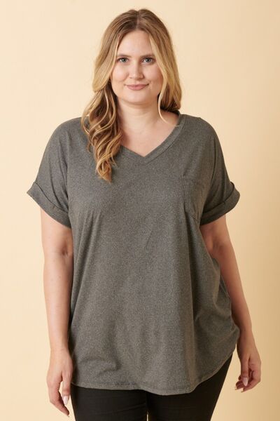Mittoshop Full Size V-Neck Rolled Short Sleeve T-Shirt *