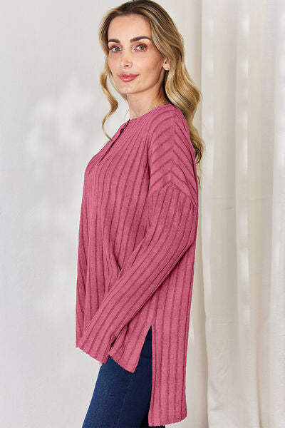 Basic Bae Full Size Ribbed Half Button Long Sleeve High-Low T-Shirt *
