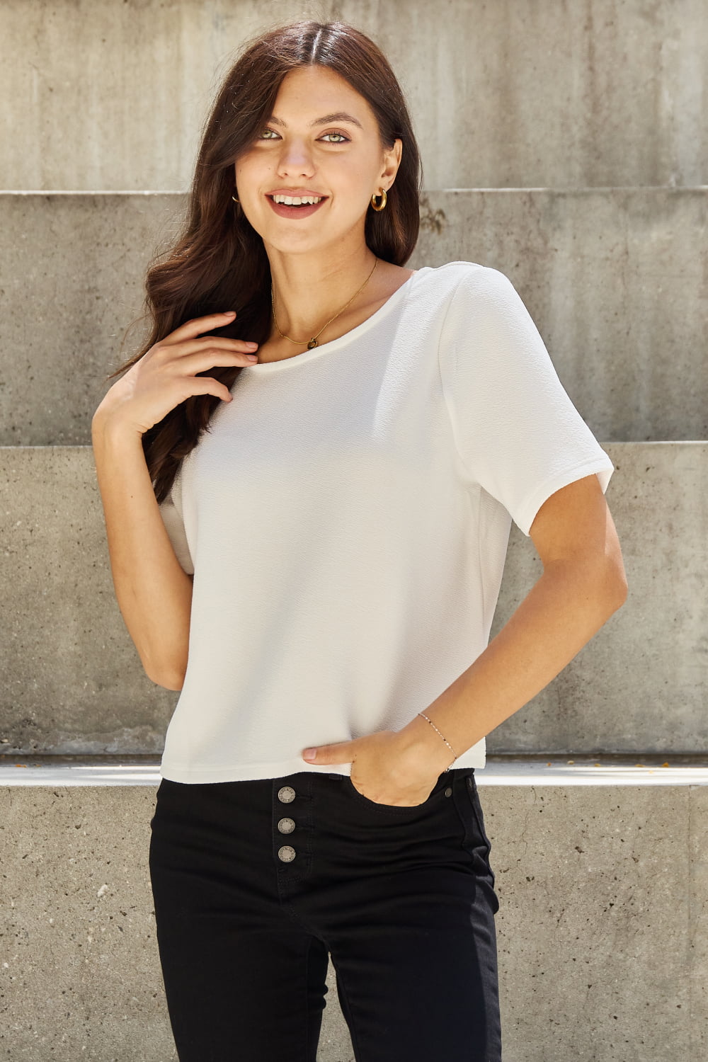 And The Why Pearly White Full Size Criss Cross Pearl Detail Open Back T-Shirt *