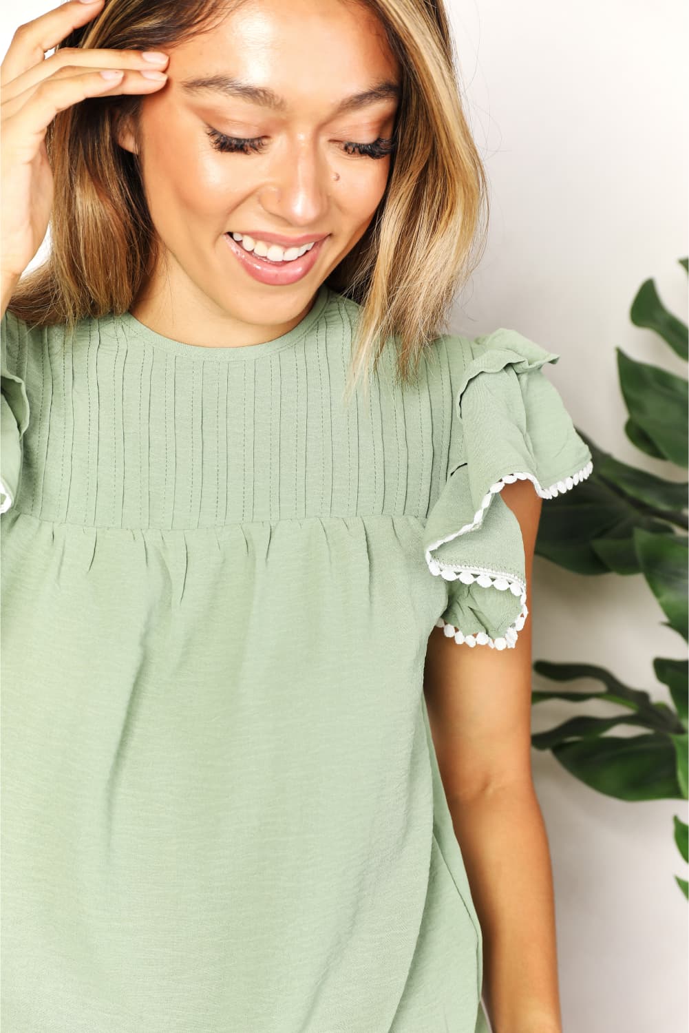 Double Take Gum Leaf Pleated Detail Flutter Sleeve Blouse *