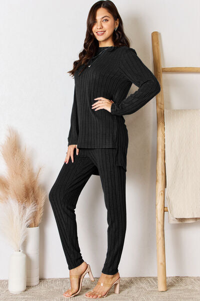Basic Bae Full Size Ribbed Round Neck High-Low Slit Top and Pants Set *