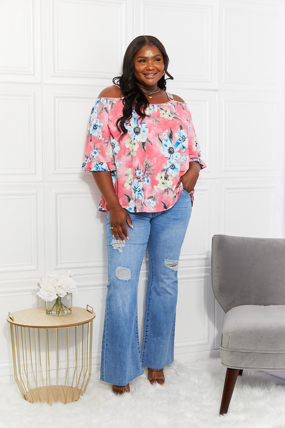 Women's Sew In Love Full Size Fresh Take Floral Short Sleeve Cold-Shoulder Top *