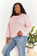 Double Take Blush Pink Contrast Detail Dropped Shoulder Knit Top *