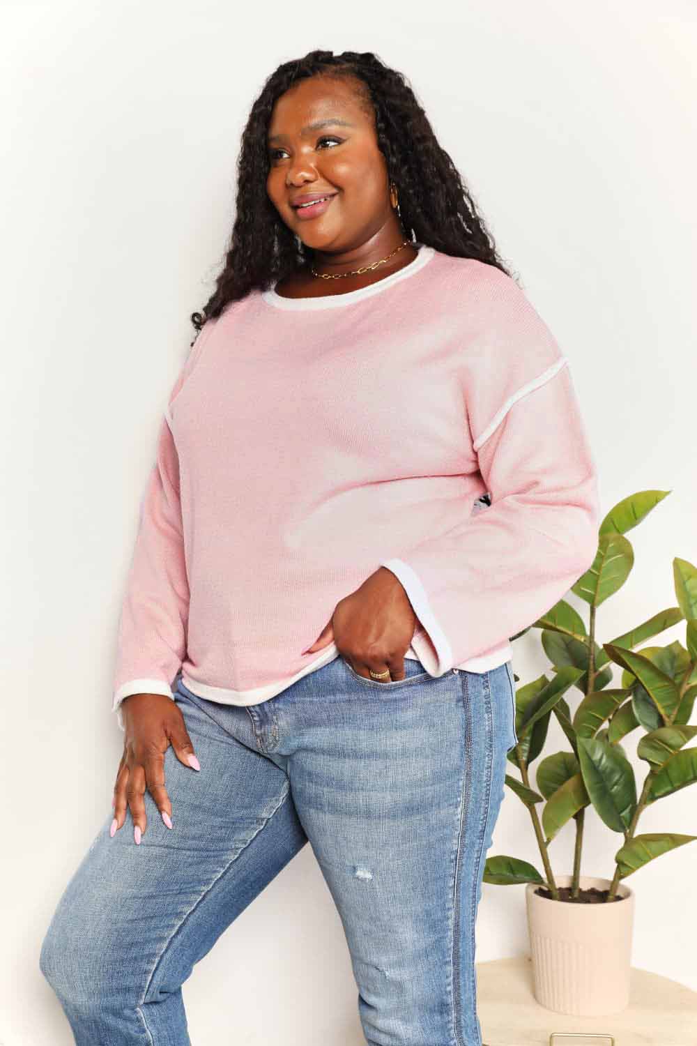 Double Take Blush Pink Contrast Detail Dropped Shoulder Knit Top *
