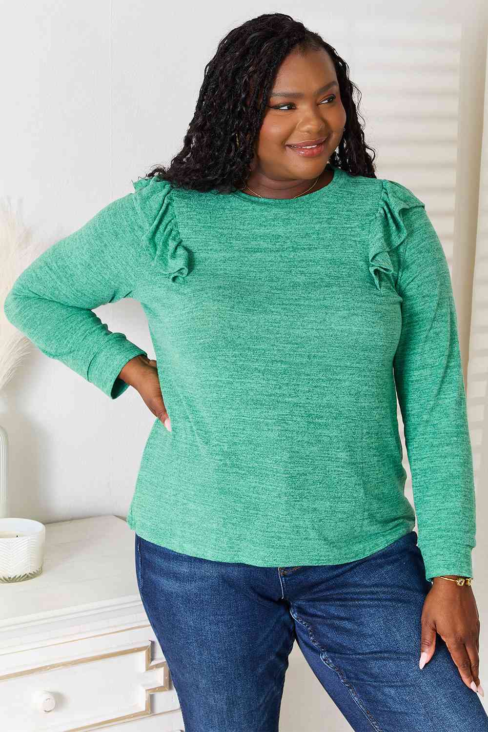 Double Take Ruffle Shoulder Long Sleeve T-Shirt *