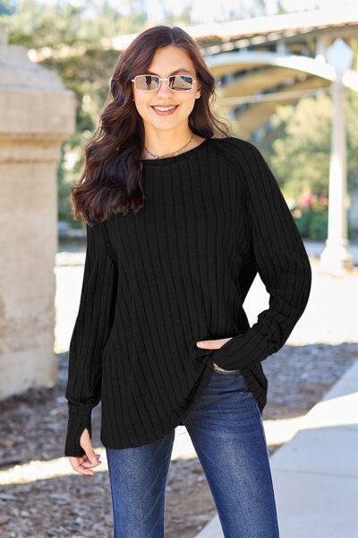 Basic Bae Full Size Ribbed Round Neck Long Sleeve Knit Top *