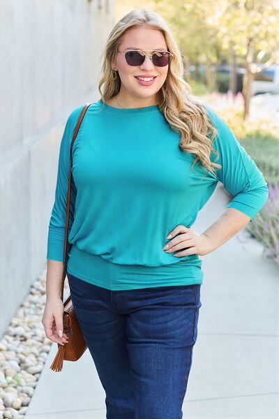 Basic Bae Full Size Round Neck Batwing Sleeve Blouse *