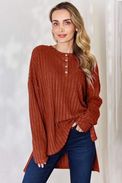 Basic Bae Full Size Ribbed Half Button Long Sleeve High-Low T-Shirt *