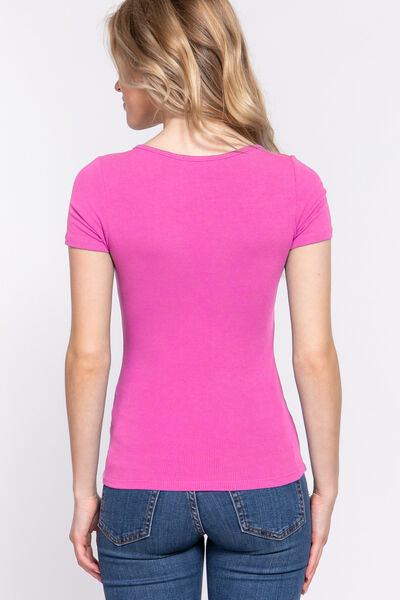 ACTIVE BASIC Lace Up Short Sleeve Rib Knit T-Shirt *