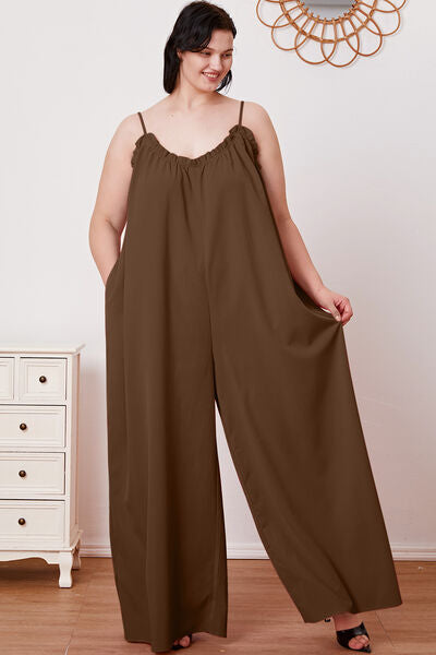 Double Take Full Size Ruffle Trim Tie Back Cami Jumpsuit with Pockets *