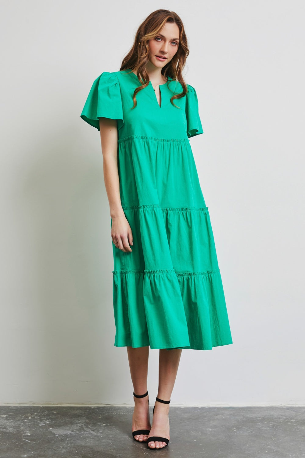 HEYSON Full Size Cotton Poplin Ruffled Tiered Midi Dress *