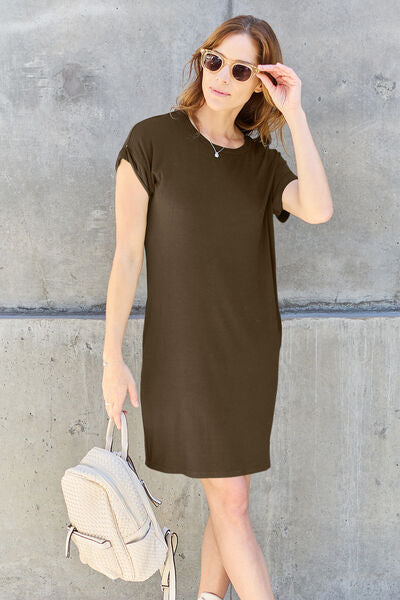 Basic Bae Full Size Round Neck Short Sleeve Dress with Pockets *