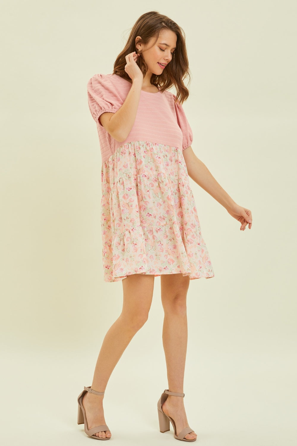 HEYSON Full Size Round Neck Floral Ruffle Hem Mini Dress *