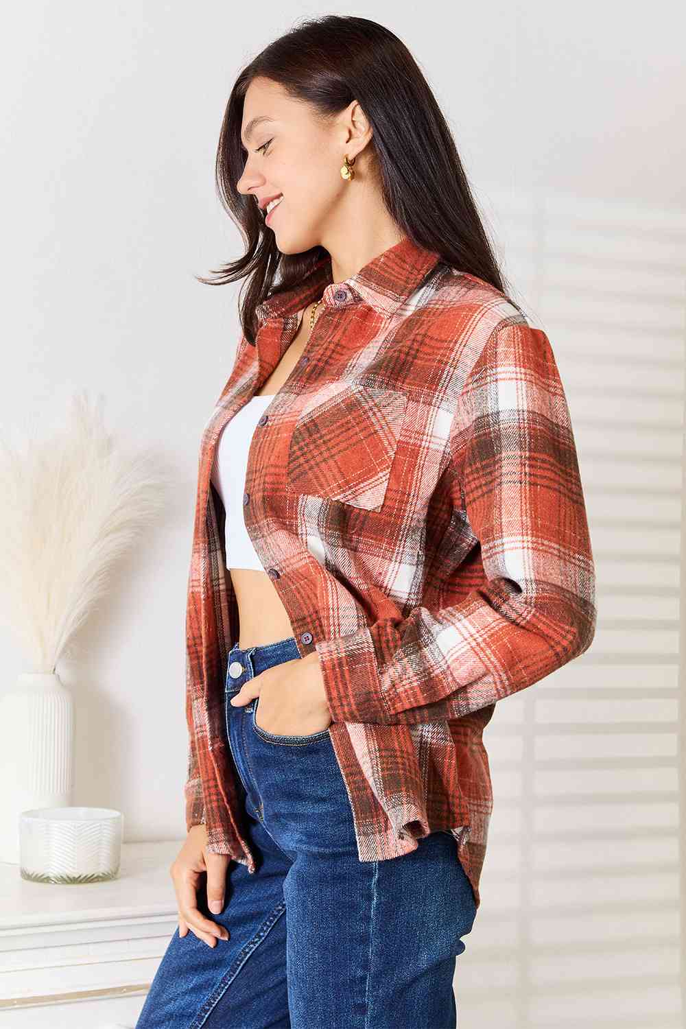 Double Take Plaid Collared Neck Long Sleeve Shirt *